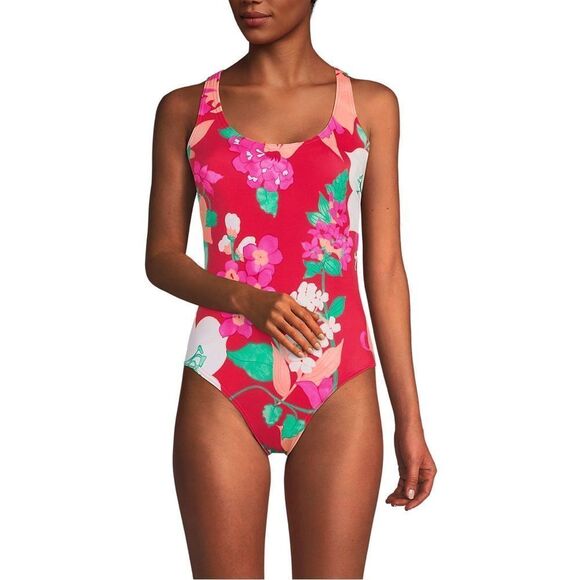 Land's End one piece X back high leg tug swimsuit coral rose lilies Various - Picture 4 of 5